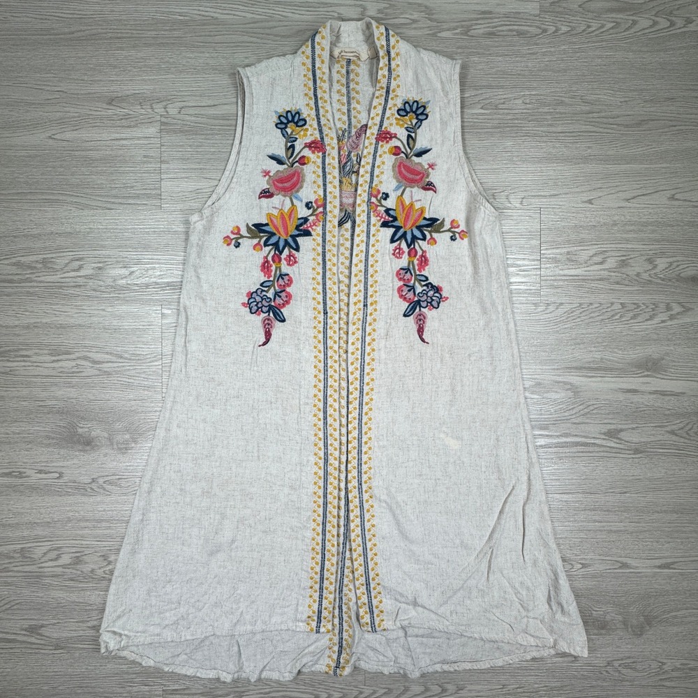 Soft Surroundings Women‎ Vest Embroidered Floral Linen Blend Beige Large Boho
